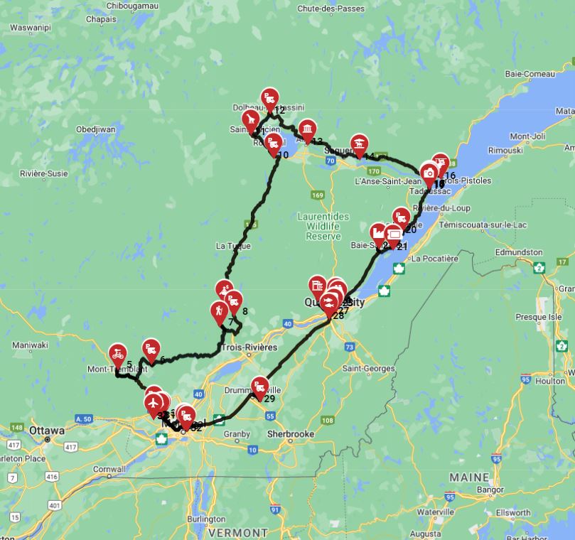 RV route planner a motorhome trip from Montreal